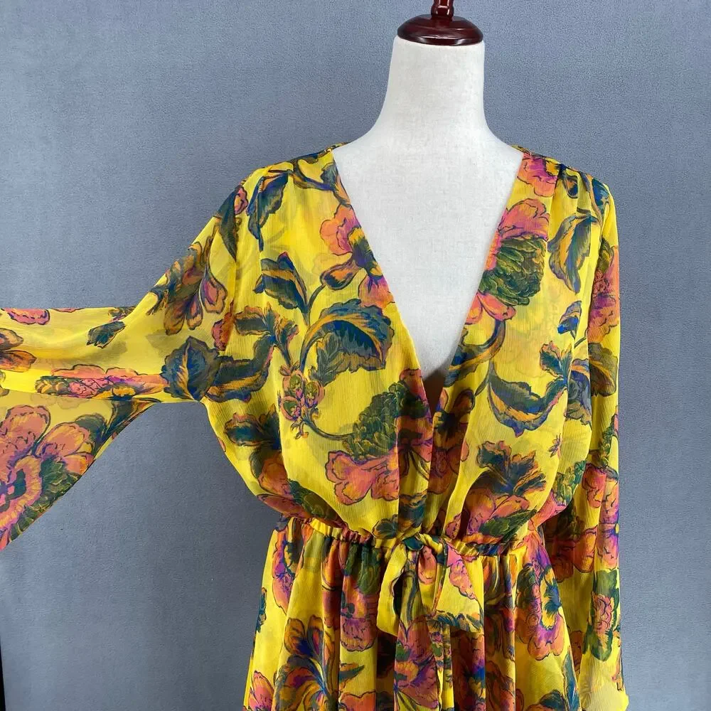 Misa Kaia Floral Chiffon Mini Dress Womens L Canary Yellow Anthropologie Revolve - Picture 5 of 16